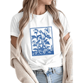 thumbnail image 1 of Women Comfortable Blue Floral Woodcut Graphic T-Shirt Tops Round Neck Cotton T Shirt White S-5XL, 1 of 5