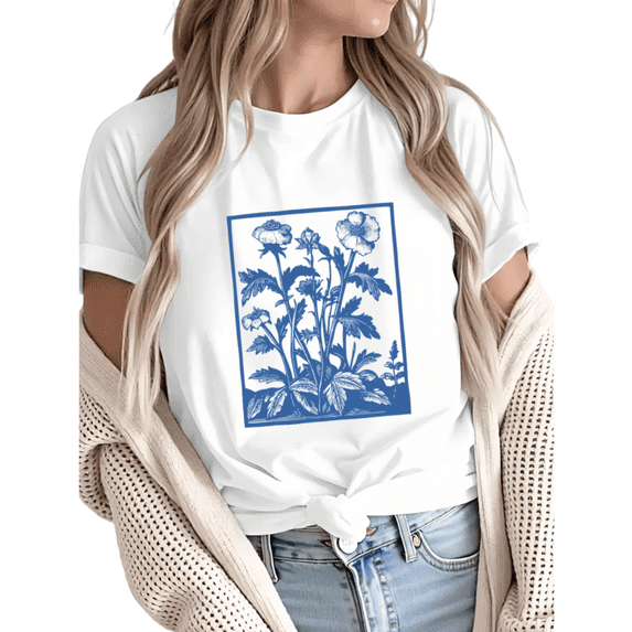 Women Comfortable Blue Floral Woodcut Graphic T-Shirt Tops Round Neck Cotton T Shirt White S-5XL