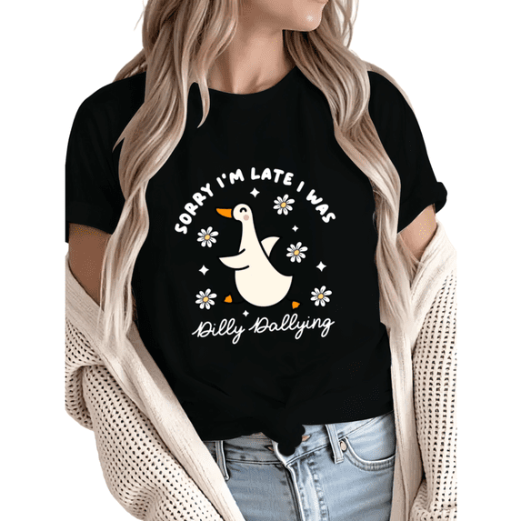 Women Comfortable Cute Duck Dilly Dally Daisy Graphic T-Shirt Tops Round Neck Cotton T Shirt Black S-5XL