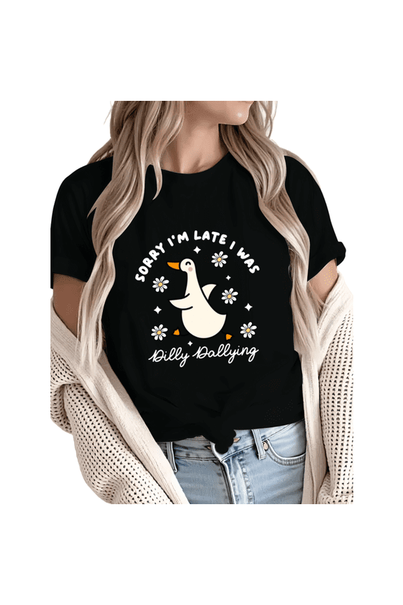 Women Comfortable Cute Duck Dilly Dally Daisy Graphic T-Shirt Tops Round Neck Cotton T Shirt Black S-5XL