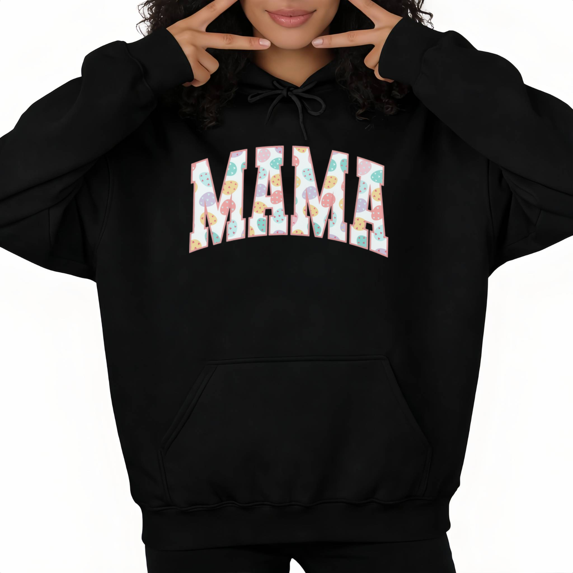 Women Comfortable Easter Eggs MAMA Graphic Hoodies Printed Cotton Hooded Long Sleeved Black S-2XL