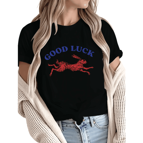 Women Comfortable Good Luck Rabbit Vintage Print Graphic T-Shirt Tops Round Neck Cotton T Shirt Black S-5XL