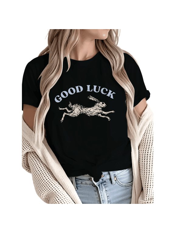 Women Comfortable Good Luck Rabbit Vintage Sketch Graphic T-Shirt Tops Round Neck Cotton T Shirt Black S-5XL