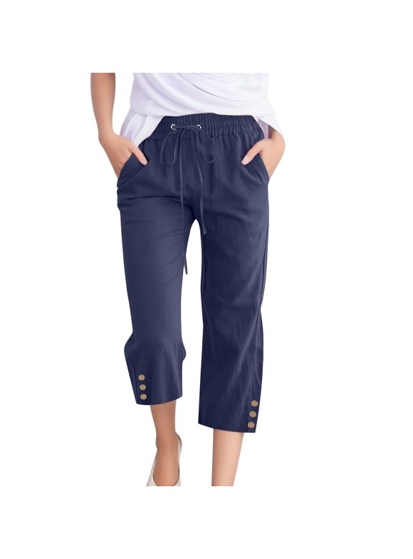 Women Comfortable High Waisted Wide Capris Pants Drawstring Elastic Comfy Straight Leg Capris Pants With Pockets Navy_007 S