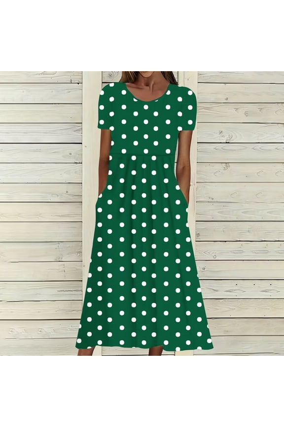 Women Comfortable Midi Dress Stretchy High Waisted Short Sleeve Polka Dresses Casual Round Neck Long Dress with Pockets Graduation Dresses for Teens Green M
