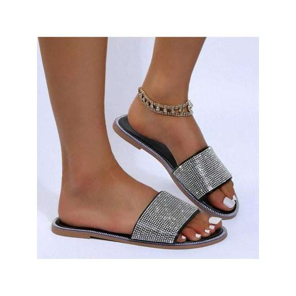 Women Comfortable Open-Toe Slippers Sparkly Diamond Solid Color Sandals Summer Flat Design