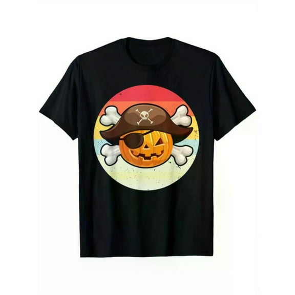 Women Comfortable Pirate Pumpkin Graphic Tee Vintage T Shirt Tops Short Sleeve Round Neck Black S-5XL