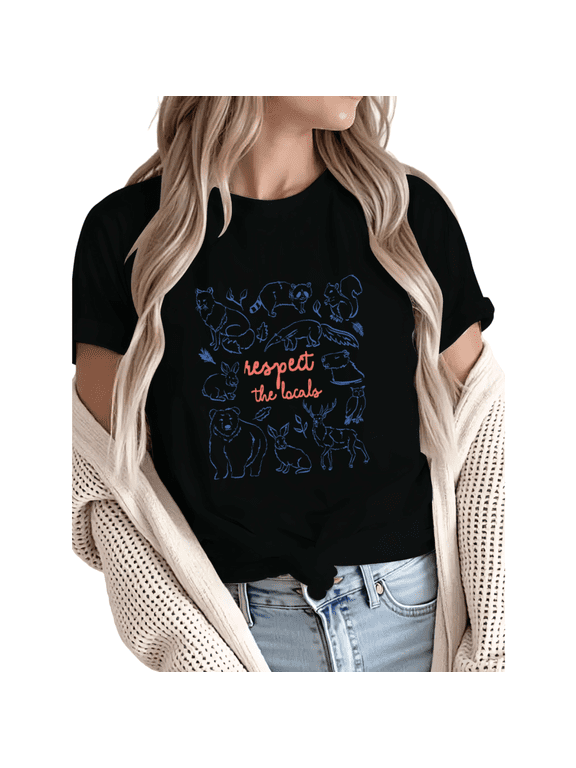 Women Comfortable Respect The Locals Blue Wildlife Line Art Graphic T-Shirt Tops Round Neck Cotton T Shirt Black S-5XL