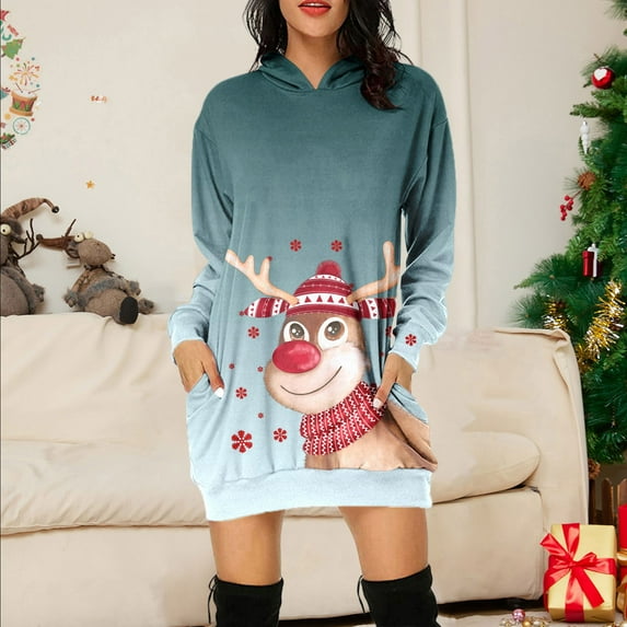 Women Comfortable Vintage Merry Christmas Print Dress Long Sleeve Hoodies Long Sleeve Midi Dresses With Pockets Gown And Evening Dresses plus Size Scallop Dress And Dresses plus Size Midi Elegant