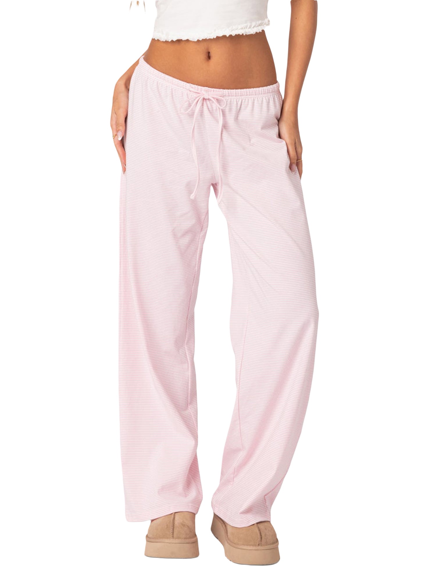 Women Comfy Casual Pajama Pants Striped Low Rise Wide Leg Loose 
