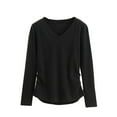 thumbnail image 1 of Women Comfy Cotton T-Shirts Thin Fleece Long Sleeve Tops Loose Comfy V Neck Pullover Cute Basic Tee, 1 of 6