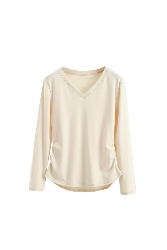 Women Comfy Cotton T-Shirts Thin Fleece Long Sleeve Tops Loose Comfy V Neck Pullover Cute Basic Tee