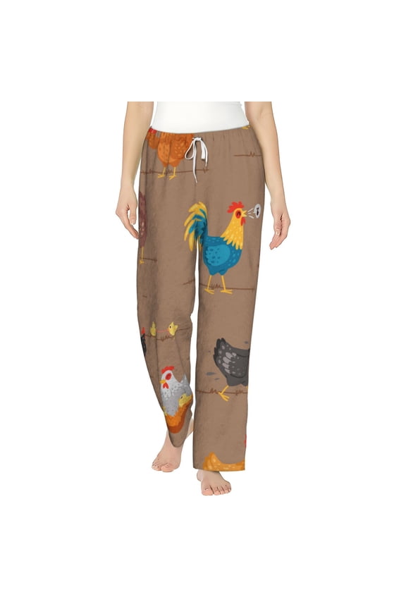 Women Comfy Pajama Pants Long Flannel Lounge Bottoms, Chicken Cartoon Chick Hen Music