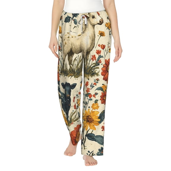 Women Comfy Pajama Pants Long Flannel Lounge Bottoms, Farm House Animals Goat