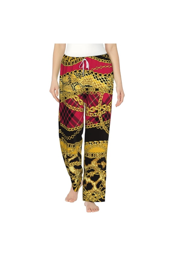 Women Comfy Pajama Pants Long Flannel Lounge Bottoms, Gold Chains Leopard Snake Skin Scottish Tartan