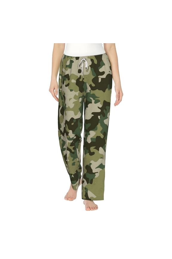 Women Comfy Pajama Pants Long Flannel Lounge Bottoms, Military Camouflage Green Camo
