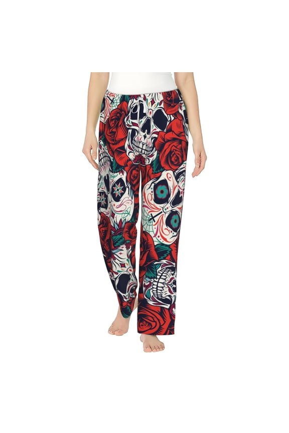 Women Comfy Pajama Pants Long Flannel Lounge Bottoms, Red Rose Skull Skulls Head