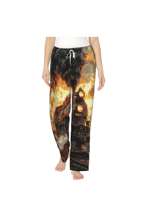 Women Comfy Pajama Pants Long Flannel Lounge Bottoms, Retro Steam Train Vintage