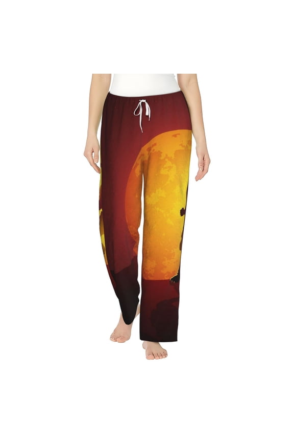 Women Comfy Pajama Pants Long Flannel Lounge Bottoms, Werewolf Howling Red Full Moon