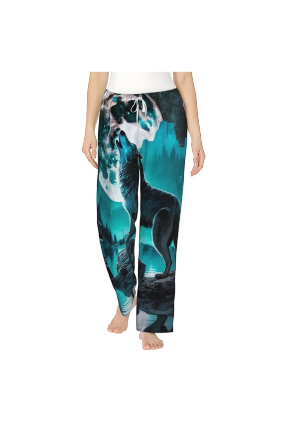 Women Comfy Pajama Pants Long Flannel Lounge Bottoms, Wolf Howling River Night Moon Cool