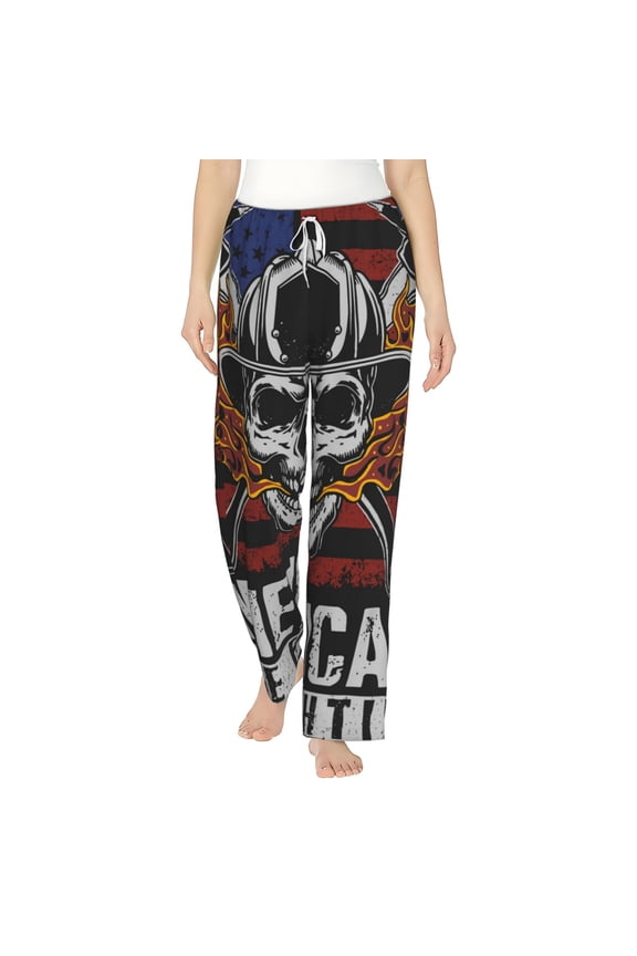 Women Comfy Pajama Pants Lounge Bottoms Long Wide Leg, American Fire Fighter Skull