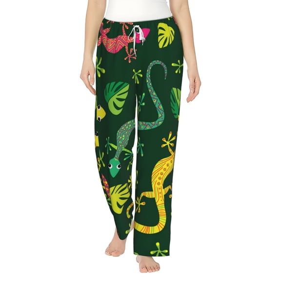 Women Comfy Pajama Pants Lounge Bottoms Long Wide Leg, Colorful Lizard Gecko Native