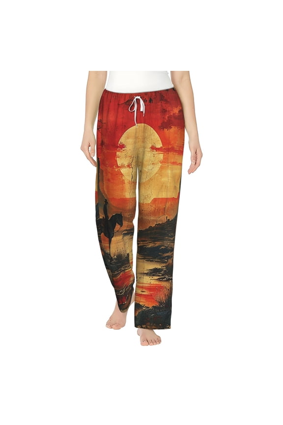 Women Comfy Pajama Pants Lounge Bottoms Long Wide Leg, Cowboy Horse Vintage Sunset Art