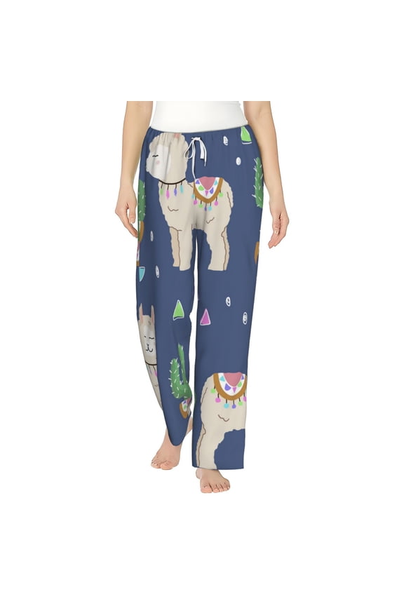 Women Comfy Pajama Pants Lounge Bottoms Long Wide Leg, Cute Alpaca Cactus Peru Llama
