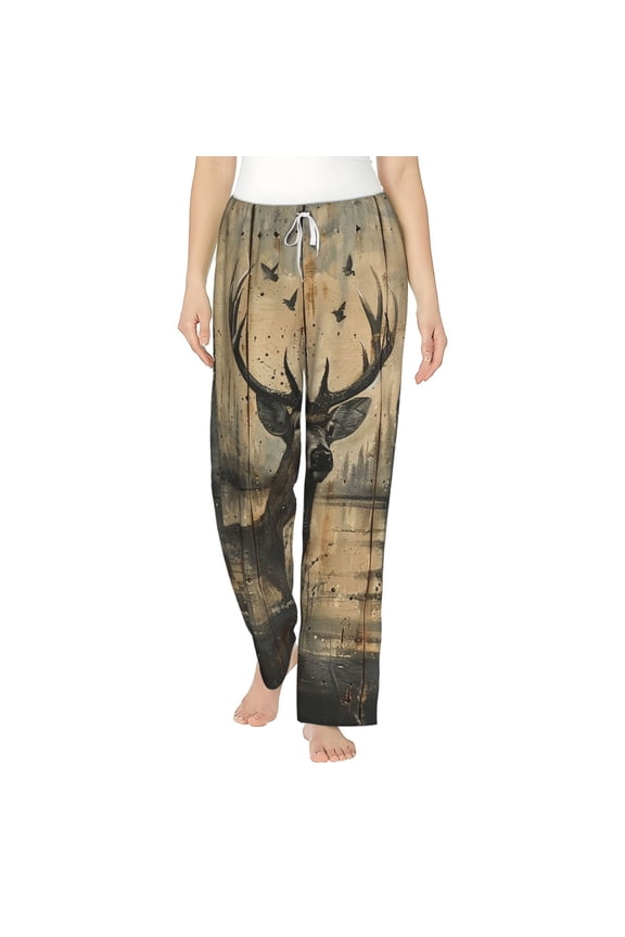 Women Comfy Pajama Pants Lounge Bottoms Long Wide Leg, Deer Vintage Camo Art Black