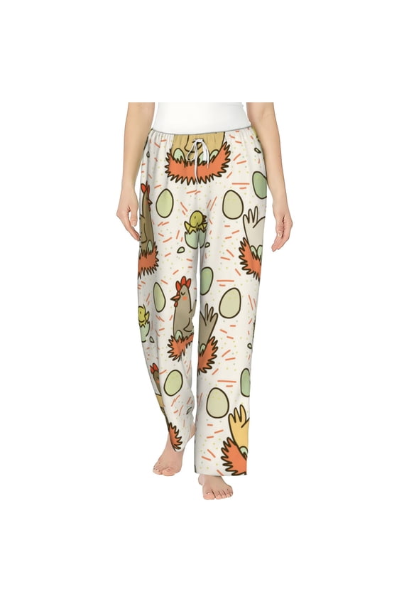 Women Comfy Pajama Pants Lounge Bottoms Long Wide Leg, Funny Chicken Egg Cute Farm