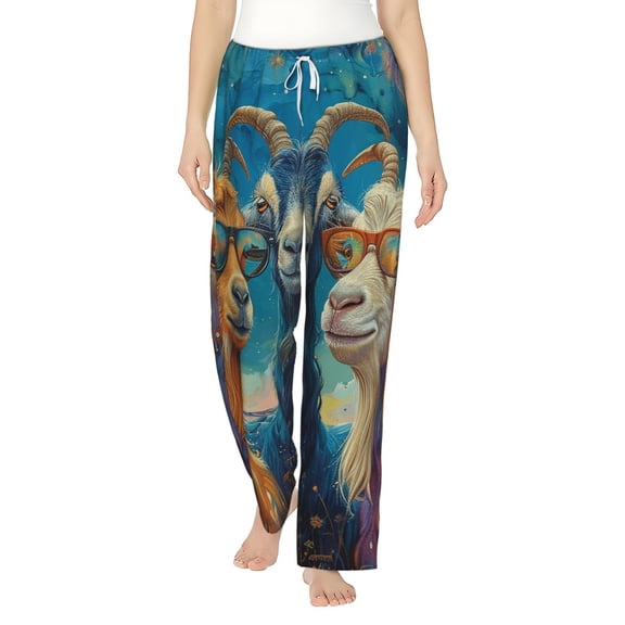 Women Comfy Pajama Pants Lounge Bottoms Long Wide Leg, Funny Goat Family Psychedelic Art