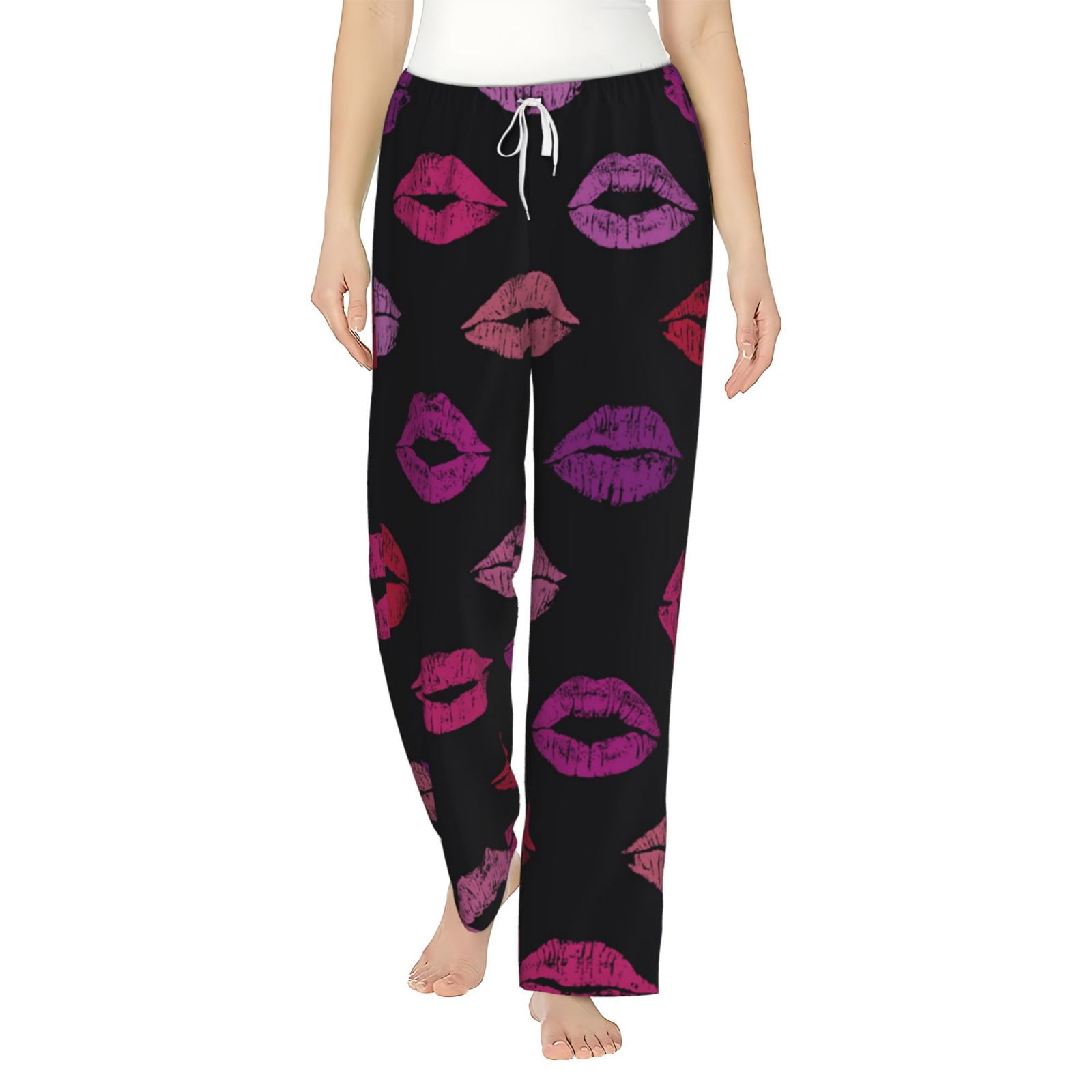 Women Comfy Pajama Pants Lounge Bottoms Long Wide Leg, Lips Kiss