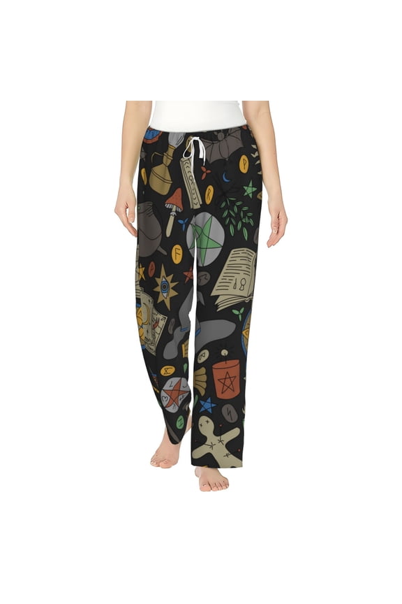 Women Comfy Pajama Pants Lounge Bottoms Long Wide Leg, Magic Skull Pentagram Witches Tarot
