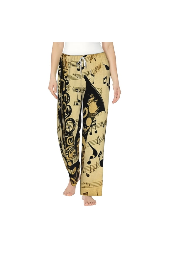 Women Comfy Pajama Pants Lounge Bottoms Long Wide Leg, Music Notes Saxophone Musical Vintage