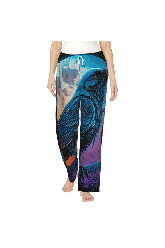 Women Comfy Pajama Pants Lounge Bottoms Long Wide Leg, Raven Wolf Moon Moonlight Art
