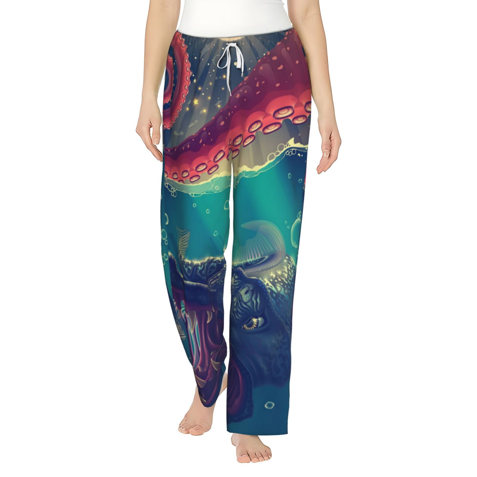 Pyjama Octopus Women Comfy Pajama Pants Lounge Bottoms Long Wide Leg, Red Octopus ...