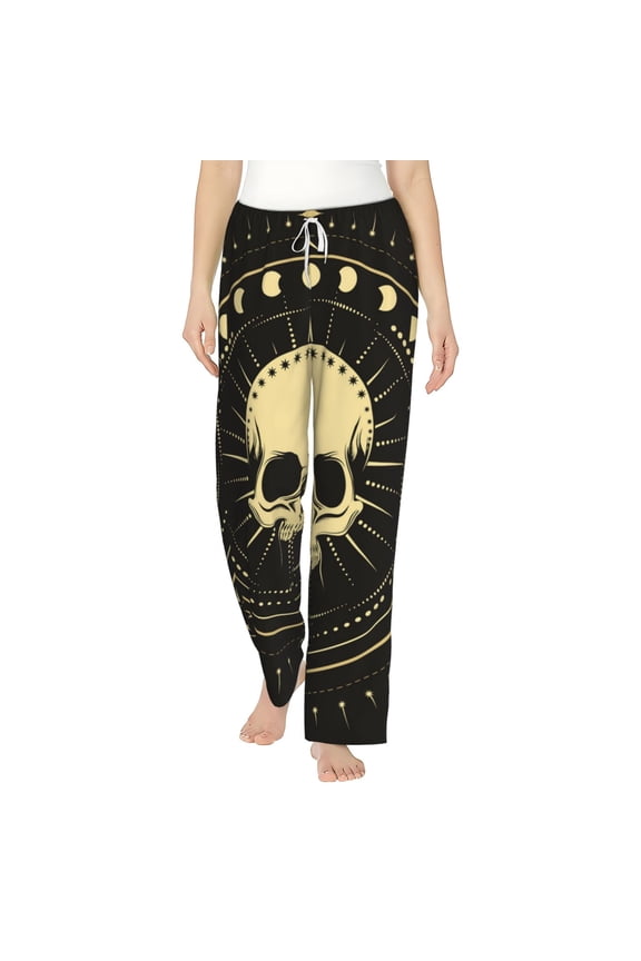 Women Comfy Pajama Pants Lounge Bottoms Long Wide Leg, Skull Magic Moon Phases Vintage