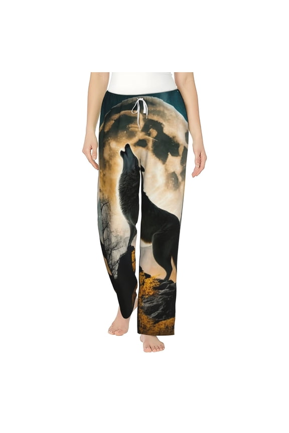 Women Comfy Pajama Pants Lounge Bottoms Long Wide Leg, Wolf Full Moon Howling