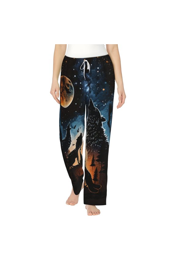 Women Comfy Pajama Pants Lounge Bottoms Long Wide Leg, Wolf Howling Wolves Moon Night Stars
