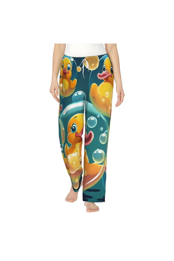 Women Comfy Pajama Pants Lounge Bottoms Long Wide Leg, Yellow Rubber Ducks Funny Soap Bubbles