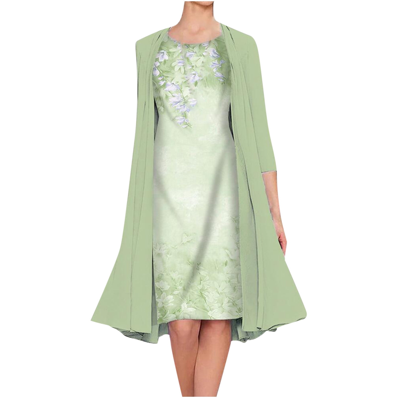 Women Comfy Round Neck Sleeveless Floral Print Long Chiffon Dress with Solid Cardigan Coat Two Piece Sets Elegant Wedding Guest Flowy Dresses