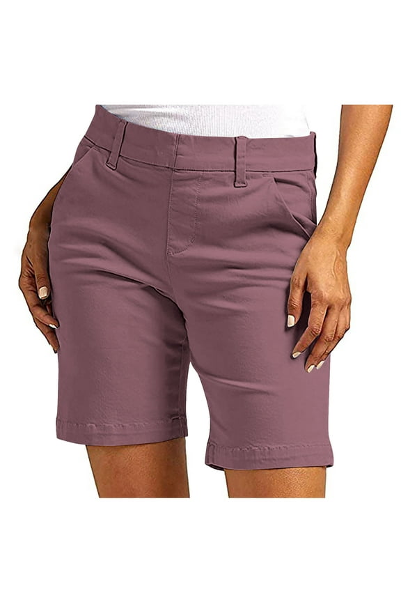 Women Comfy Slim Pull On Stretch Chino Shorts Knee Length Casual Dress Short Pants Summer Lounge Bermuda Shorts Light Purple M