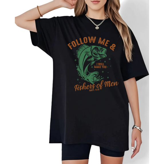 Women Commuting Follow Me Fishers Of Men Graphic Tee Christian Religious T Shirt Top Short Sleeve Round Neck Black S-5XL
