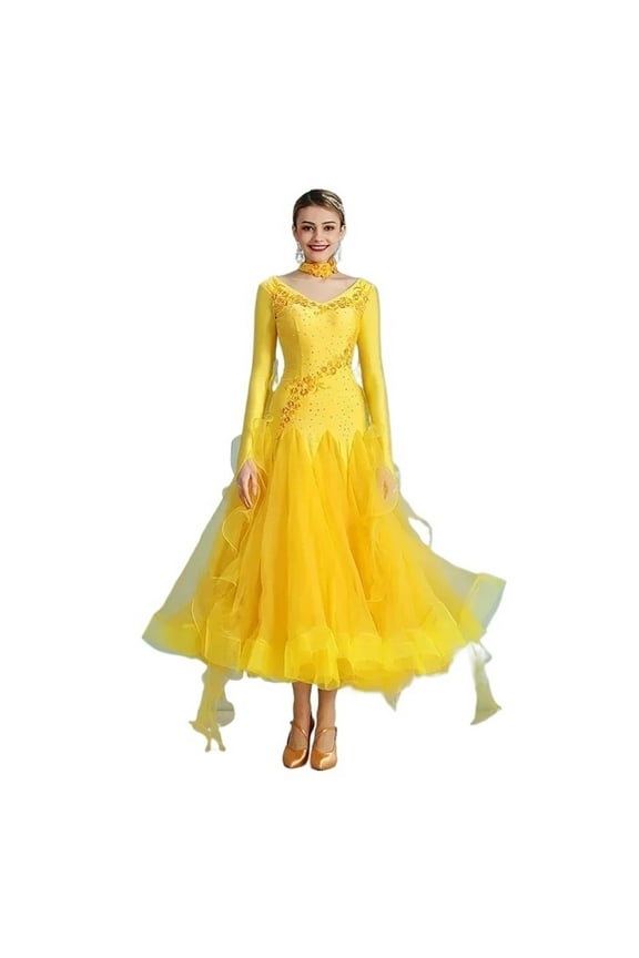 Women Competition Modern Dancing Clothes Long Sleeve Waltz Stage Costumes Ballroom Dance Dress