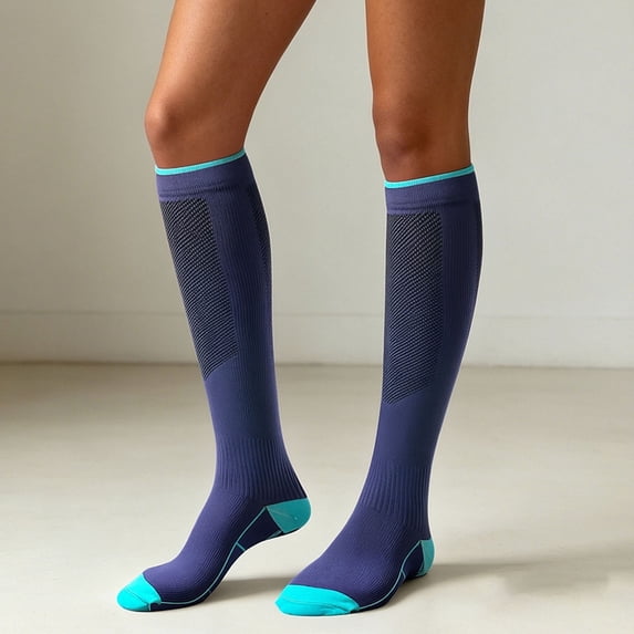 Women Compression Stockings High Elastic Long Tube Calf Support Running Yoga Athletic Solid Color Socks Blue