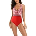 thumbnail image 1 of Women Contrast Color Stripe One Piece Swimsuit Halter Backless Ruched Tummy Control Bathing Suit, 1 of 5