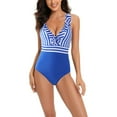thumbnail image 1 of Women Contrast Color Stripe One Piece Swimsuit Halter Backless Ruched Tummy Control Bathing Suit, 1 of 5