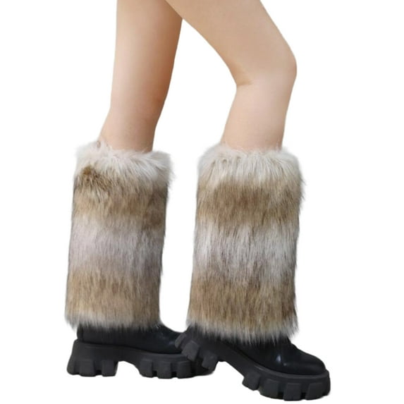 Women Contrast Color Vintage Plush Leg Warmer Winter Fuzzy Thickened Boot Toppers Cuff Cosplay Leg Cover Long Socks