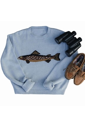 Women Contrast Fish Sweater Long Sleeve Crew Neck Ribbed Knit Pullover Sweaters Fall Casual Tops Blue S