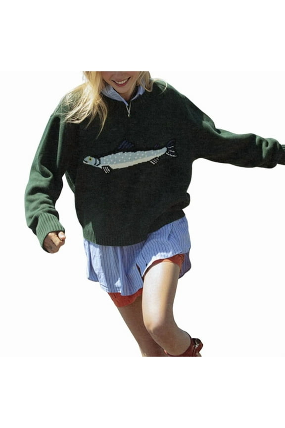 Women Contrast Fish Sweater Long Sleeve Crew Neck Ribbed Knit Pullover Sweaters Fall Casual Tops Dark Green M